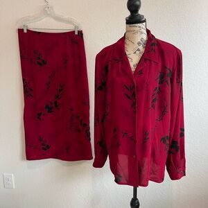 VTG Alfred Dunner Womens 18 Blouse Top & 16W Long‎ Skirt Red Black Floral Print